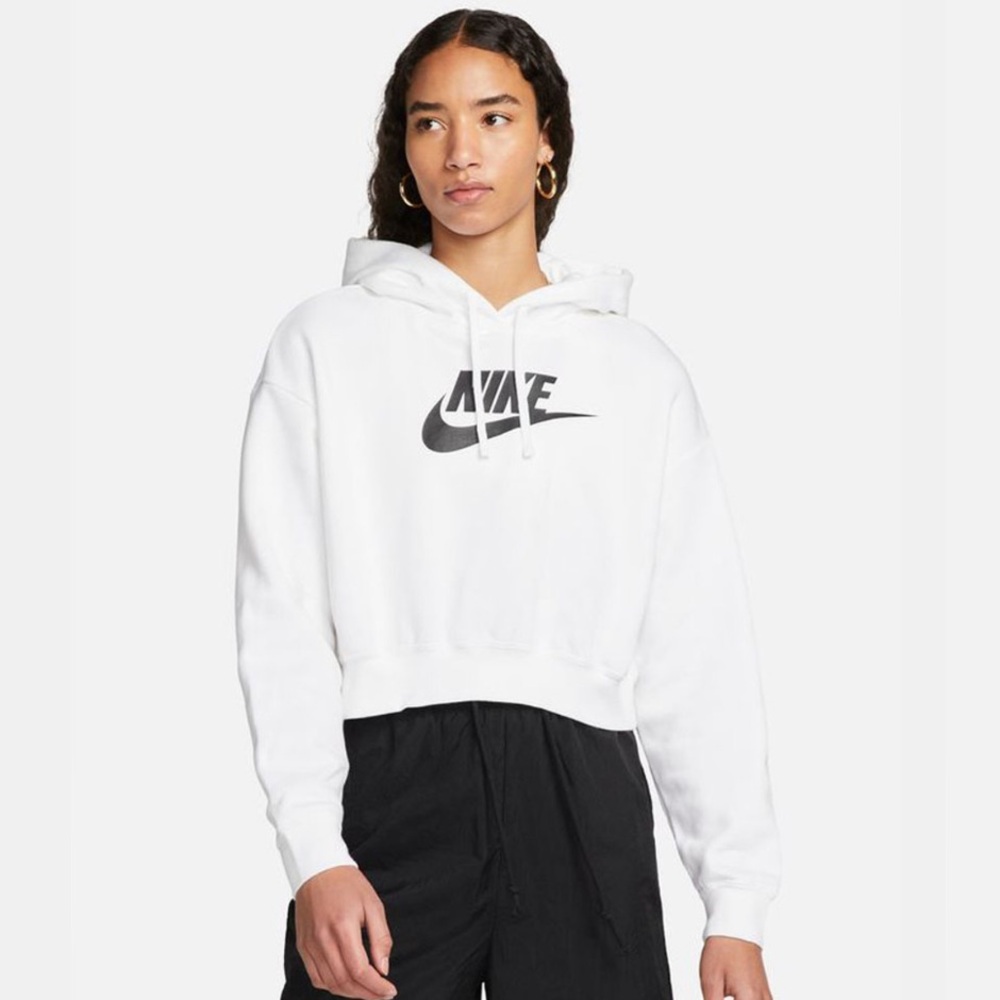 Nike Women's Oversized Crop Graphic Hoodie Heather White Vintage Sweatshirt